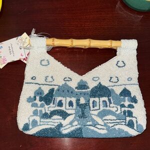 White and Blue CityBeaded Shoulder Bag